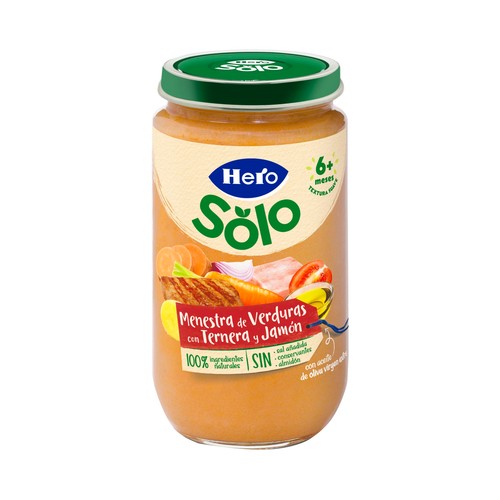 HERO Solo Tarrito de menestra de verduras con ternera y jamón, a partir de 6 meses 235 g.