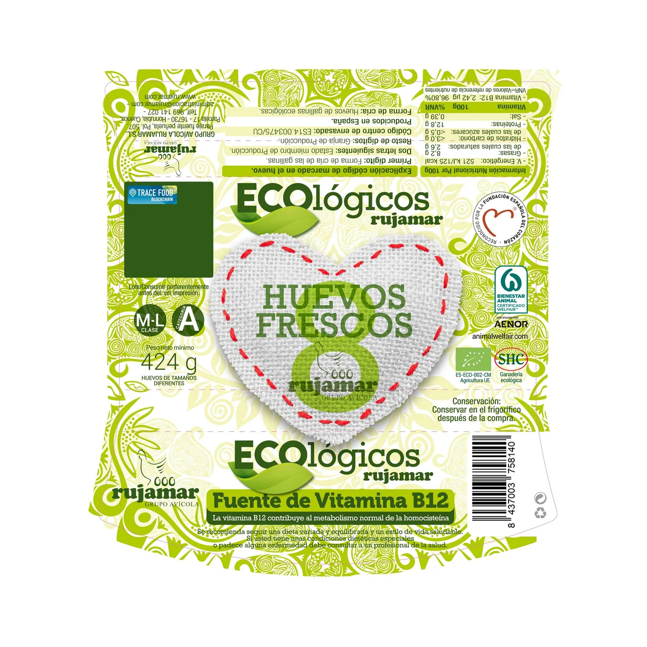 RUJAMAR Huevos de producción ecológica de categoría A y clase M-L 8 uds.