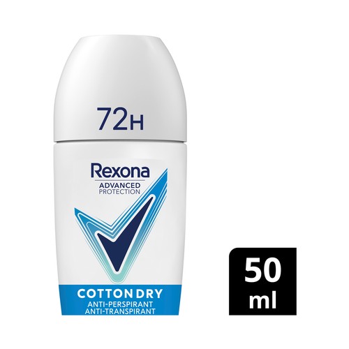 REXONA Advanced protection cotton dry Desodorante roll on para mujer sin alcohol y con protección antitranspirante hasta 72 horas 50 ml.