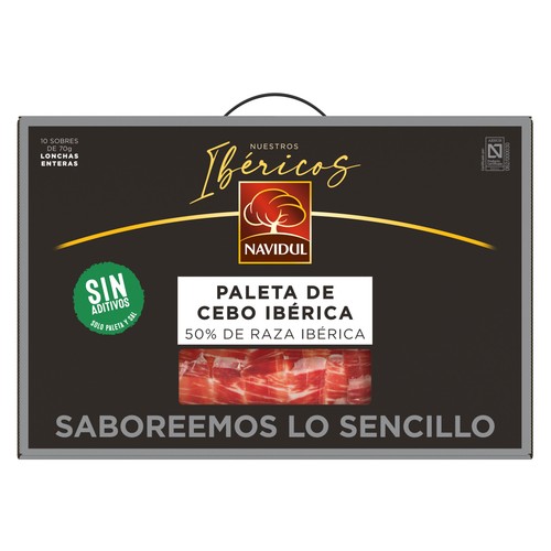 Maletín con 10 sobres de 70 g. de paleta de cebo ibérica (50% raza ibérica), cortada en lonchas NAVIDUL.