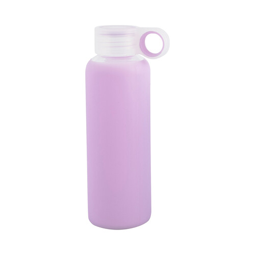 Botella de vidrio borosilicato con cubierta de silicona color morado y tapa de polipropileto, 0,36 litros PASABAHCE.