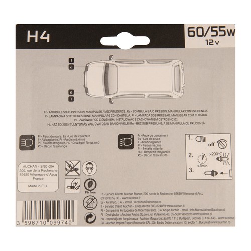 2 bombillas H4, 55W,12V, PRODUCTO ALCAMPO