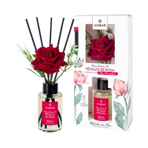 AMBAR Ambientador perfumador de varillas con flor (Mikado), con aroma a pétalos de rosa 75 ml.