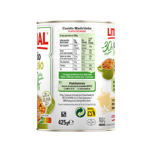 LITORAL Cocido Madrileño - 30 % sal y grasas LITORAL 425 g.