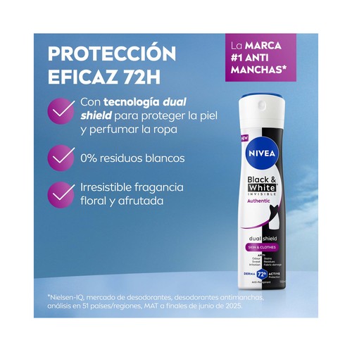 NIVEA Black & white invisible authentic Desodorante en spray para mujer, antitranspirante 72 horas 250 ml.