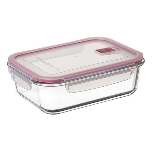 Hermético de vidrio rectangular con tapa de plástico color rojo, capacidad 1,5L., TATAY.