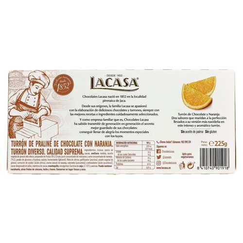LACASA Turrón de chocolate y naranja 225 g.