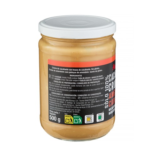 PRODUCTO ALCAMPO Crema de cacahuete crujiente (crunchy) con trozos, molida en molino de piedra 500 g
