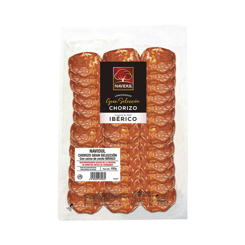 NAVIDUL Chorizo con carne de cerdo ibérico, sin gluten y cortado en lonchas NAVIDUL Gran selección 100 g.