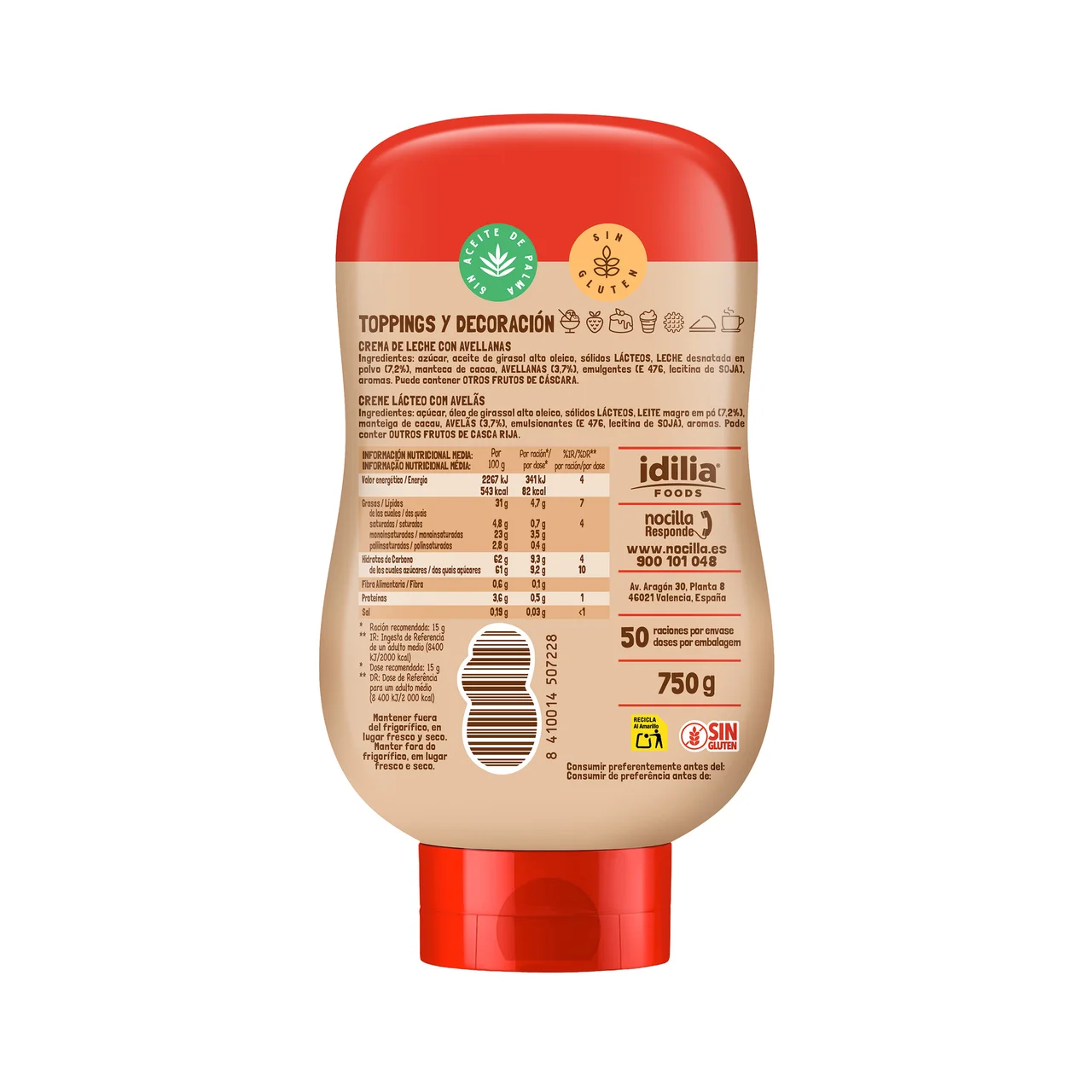Crema de cacao avellanas boca abajo 750 g.
