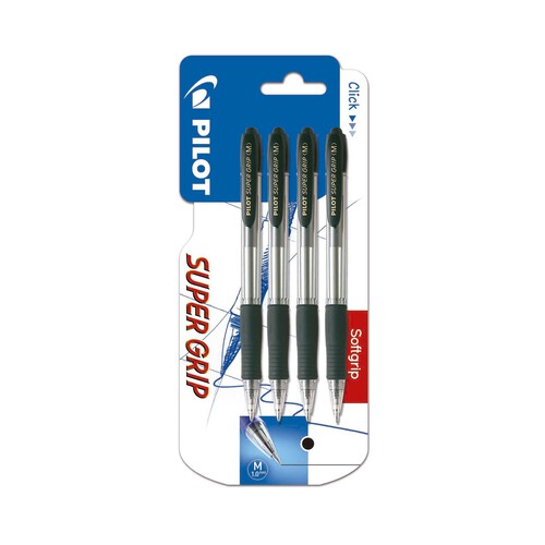 4 bolígrafos roller retráctiles, grip suave, punta media, grosor 0.4mm, color negro PILOT Supergrip.