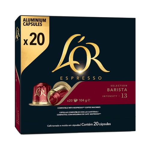 L"OR Café tostado y molido en cápsulas, intensidad 13 barista 20 uds. 104 g.