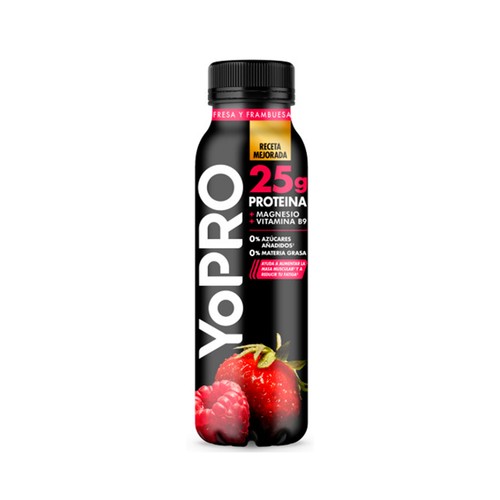 Yogur liquido con proteínas y sabor a frambuesa, sin azúcares añadidos, ni grasa YOPRO de Danone 291 ml.