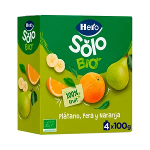 HERO Solo Bio Bolsitas de fruta (plátano, pera y naranja) ecológicas, a partir de 6 meses 4 x 100 g.