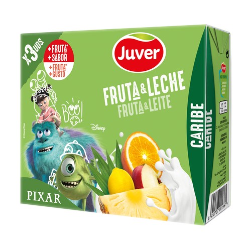 JUVER Leche con zumo de frutas caribeñas (piña, mango, narana, limón...)  3 x 200 ml.
