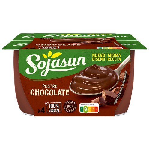 SOJASUN Especialidad de soja con sabor a chocolate, elaborado con cacao 100% sostenible 4 x 100 g.