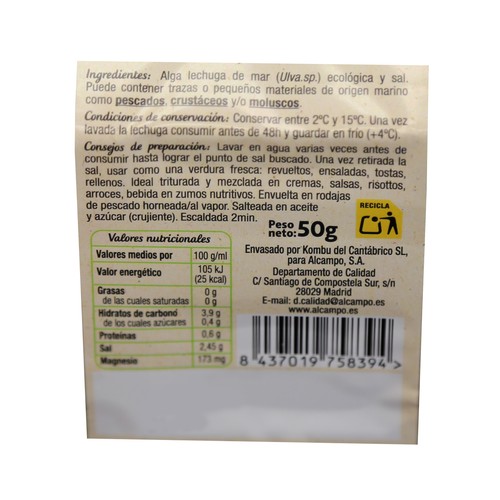 ALCAMPO CULTIVAMOS LO BUENO ECOLÓGICO Bandeja algas lechuga mar 50 g.