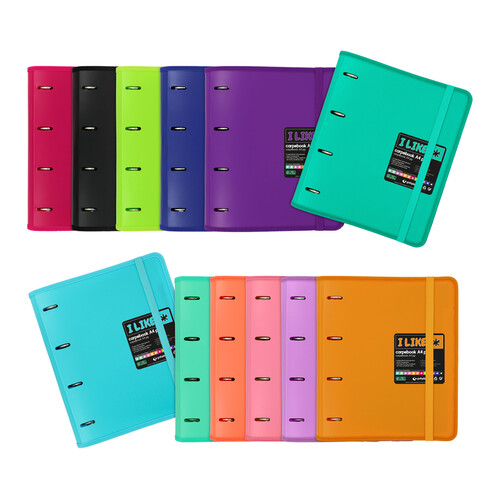 Carpebook serie like DIN A4, con tapas de polipropileno, interior de 4 anillas de 35mm, tamaño a4, cierre con goma extragruesa, recambio cuadriculado, colores surtidos, GRAFOPLAS.