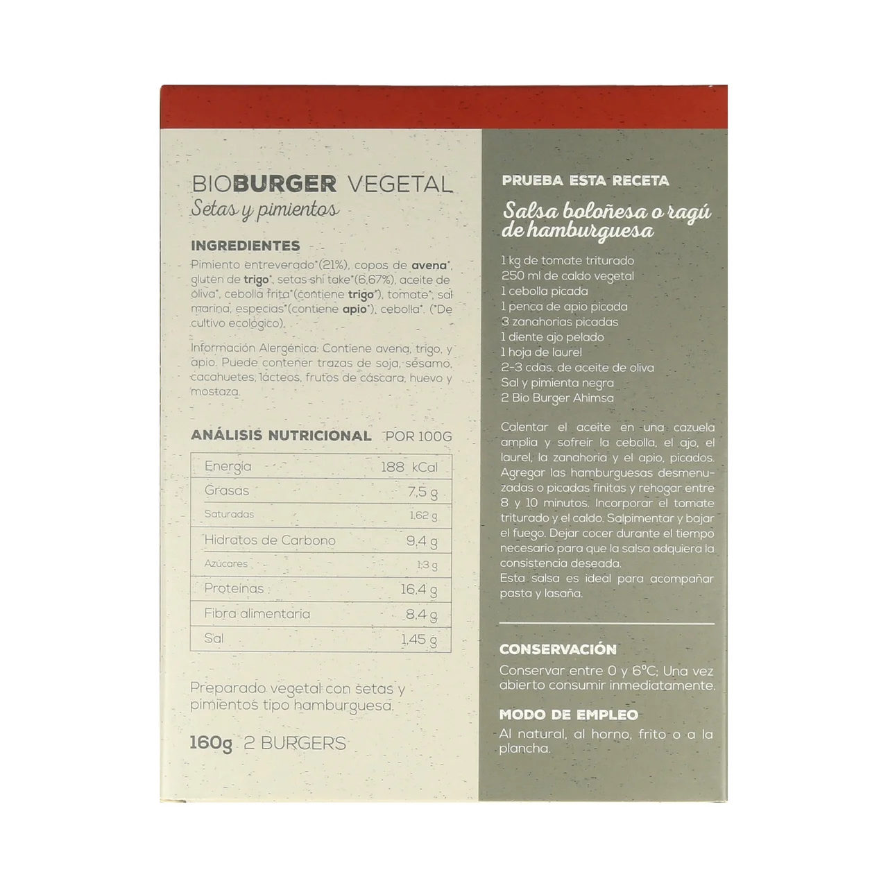 AHIMSA Burger de Seitán, setas shitake y pimientos ecológico AHIMSA 160 g.