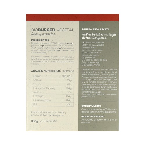 AHIMSA Burger de Seitán, setas shitake y pimientos ecológico AHIMSA 160 g.