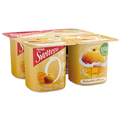 Yogur desnatado (0% materia grasa) con melocotón, mango y stevia SVELTESSE Duo 0% 4 x 120 g.