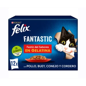FELIX Comida para gatos adultos a base de pollo, buey, conejo y cordero en gelatina FELIX 12 uds. x 85 g.