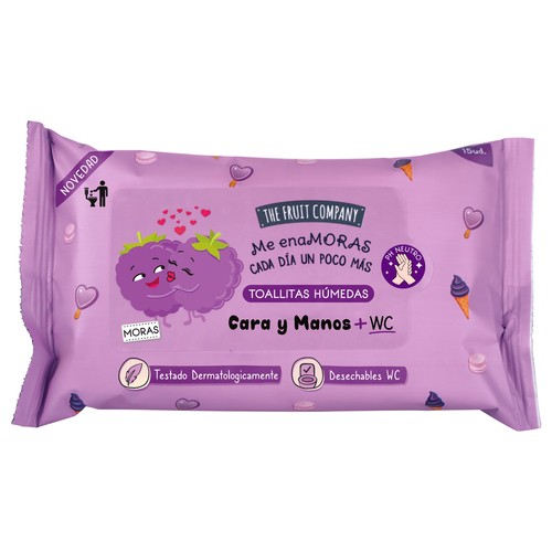 THE FRUIT COMPANY Toallitas humedas con aroma a moras, para la limpieza de cara. manos y WC 15 uds