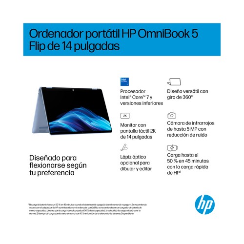 Portátil HP OmniBook 5 Flip 14-fp0029ns, 512GB SSD 8GB RAM, pantalla 35,5cm (14")...