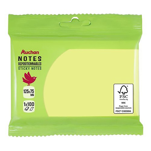 100 notas adhesivas amarillas 125x75mm, AUCHAN.