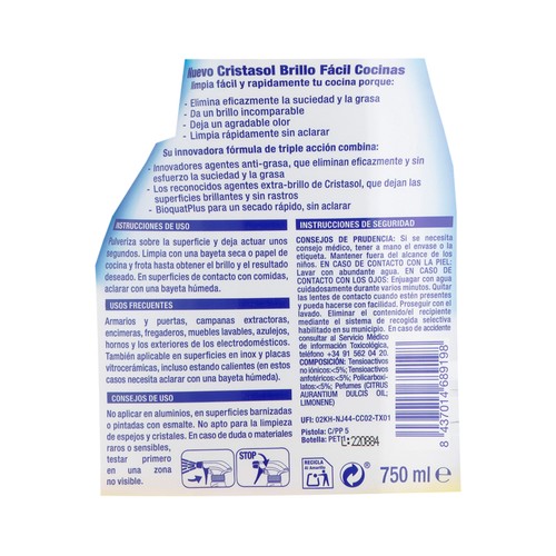 CRISTASOL Limpiador cocina brillo fácil 750 ml.