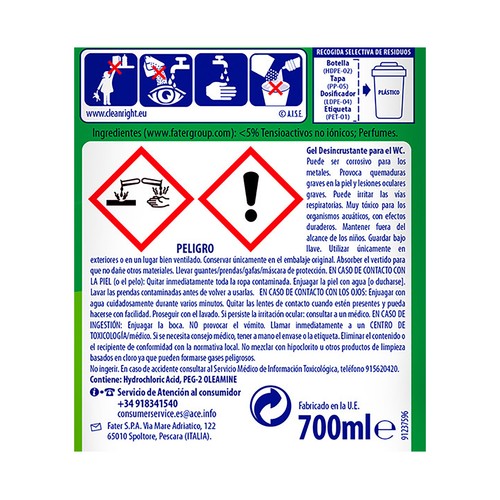 ACE Gel limpiador WC líquido con fórmula descalcificadora y sin lejía 700 ml.