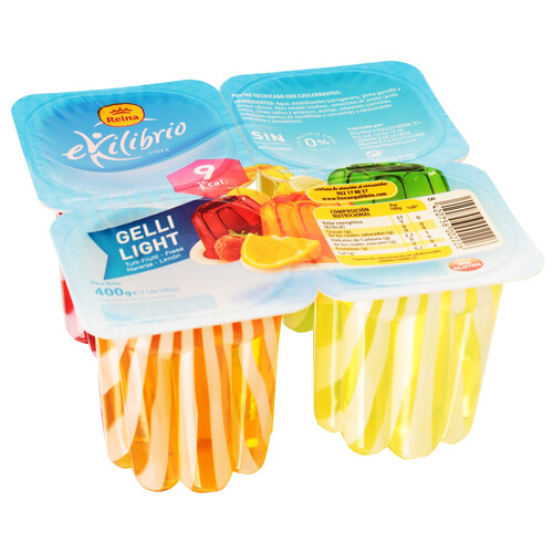 Gelatina sin azúcares y 0% materia grasa, de tutti fruti, fresa, naranja y limón REINA Ekilibrio 4 x 100 g.