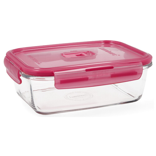 Recipiente hermético rectangular de vidrio Pure Box Rubi con tapa de color rosa, 1,22 litros, LUMINARC.