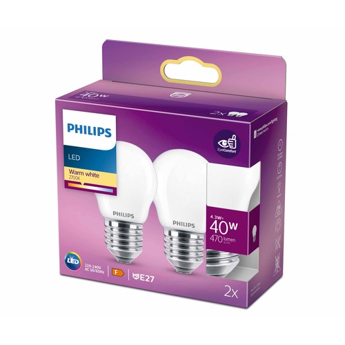 Pack de 2 bombillas Led E27, 4,3W=40W, luz cálida 2700K, 1050lm, PHILIPS