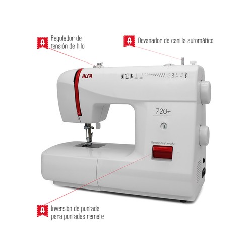 Máquina de coser ALFA 720+, 9 puntadas, ojal automático, brazo libre, Lud led.