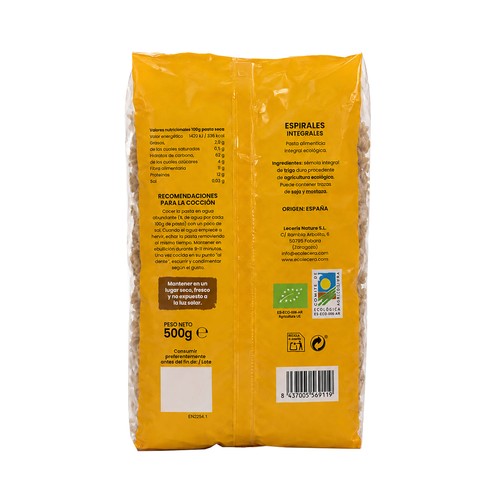 ECOLOCERA Pasta espirales integrales 100% ecológicas 500 g.