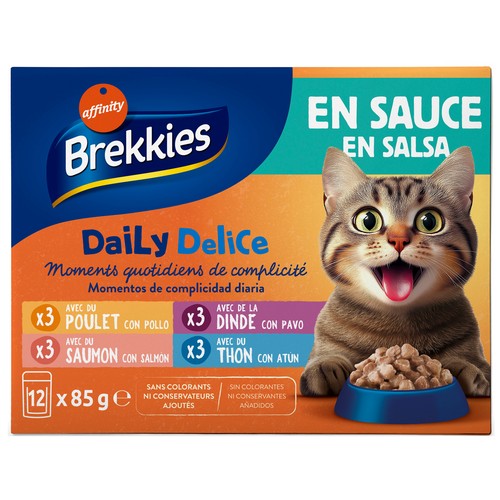BREKKIES Bolsitas de alimento húmedo de gato daily delice con Pollo, Pavo, Atún y Salmón 12X85g
