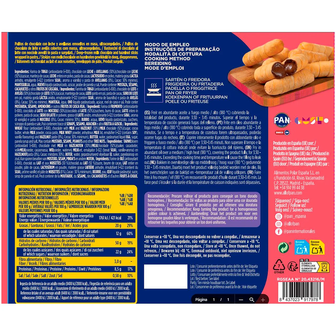Tequeños rellenos de chocolate con leche y avellanas 600 g.