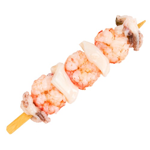 Brocheta de gambón y calamar, venta por unidad.