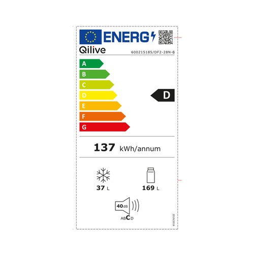 Frigorífico 2 puertas 143X55cm QILIVE Q.6185, Cíclico, clasificación energética: D, H: 143cm, A: 54,5cm, F: 55,5cm, capacidad total: 206L.