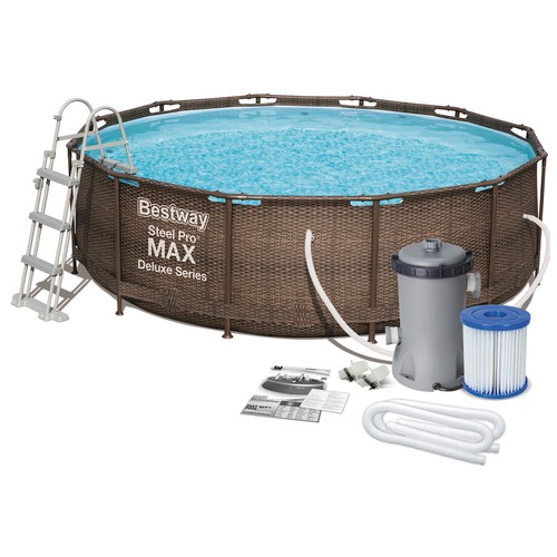 Piscina tubular con estructura metálica BESTWAY aspecto RATTAN medidas 3,66x1,00 mts. Con depuradora 2.574 litros/hora y escalera de seguridad