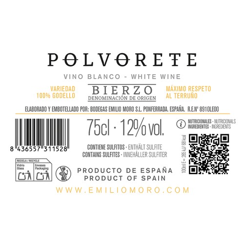 POLVORETE de Emilio Moro  Vino blanco (100% Godello) con D.O. Bierzo botella 75 cl.