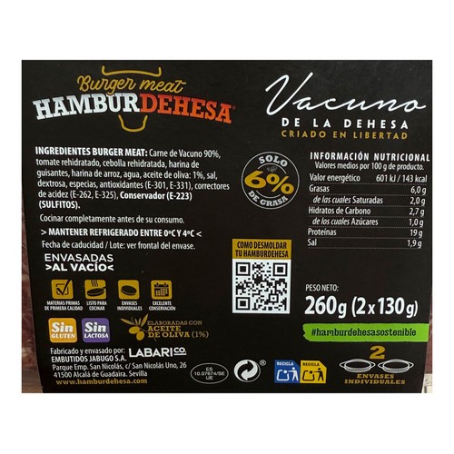 Bandeja de burger meat de novilla de la dehesa criada en libertad HAMBURDEHESA 2 x 130g.