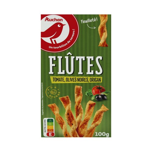 PRODUCTO ALCAMPO Flautas hojaldradas con tomate, aceitunas negras y orégano bolsa de 100 g.
