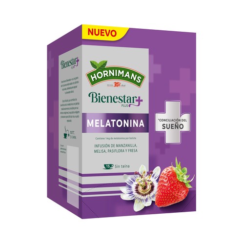 HORNIMANS Bienestar+ Infusión sin teina de manzanilla, melisa, pasiflora, fresa y melatonia 15 uds.