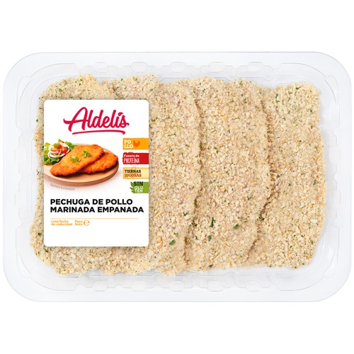 ALDELÍS Pechuga de pollo marinada empanada.