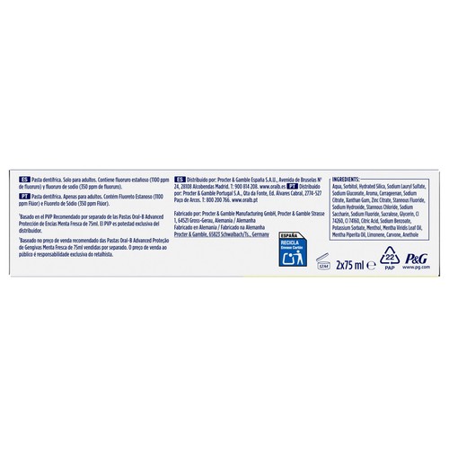 ORAL-B Advanced Pasta de dientes protectora de encías, sabor a menta y hierbabuena 2 x 75 ml.