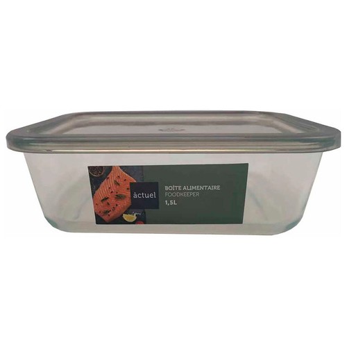 Hermético de vidrio rectangular con tapa de plástico, 1,5 litros, ACTUEL.