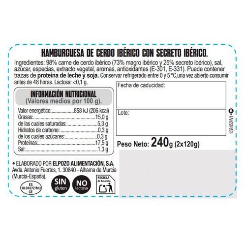 LEGADO IBERICO Hamburguesa de cerdo ibérico con secreto ibérico  2x120 g. La ibérica. El secreto de la roja. Selección Española. 