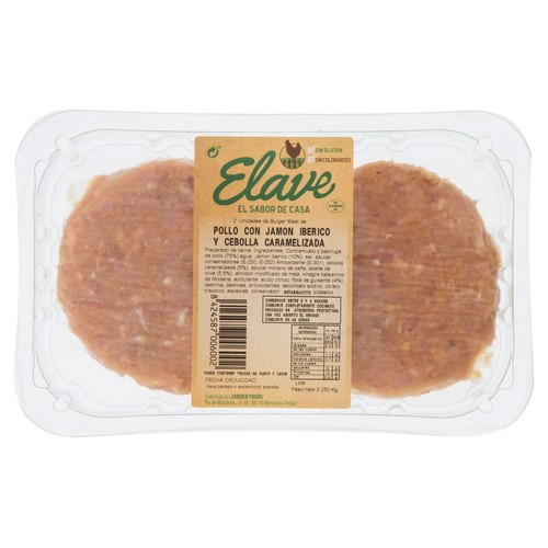 ELAVE Burguer de pollo con jamón ibérico y cebolla caramelizada 750 g.